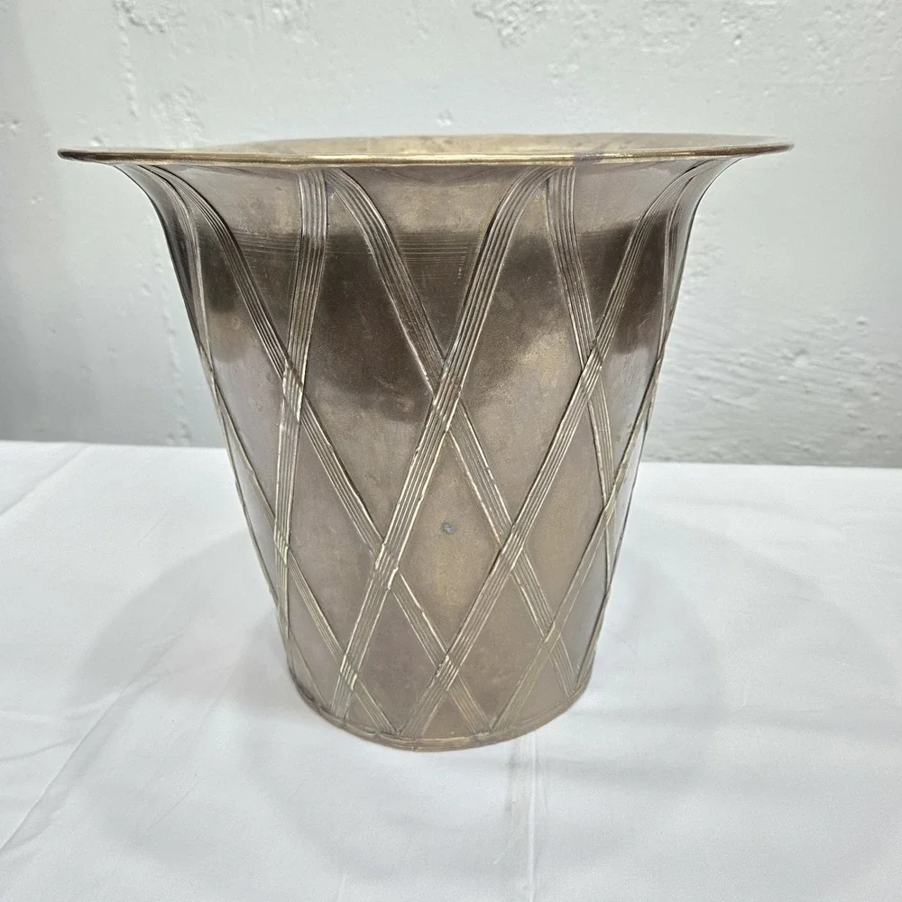 Vtg Brass Lattice‎ Overlay Planter Wastebasket 11